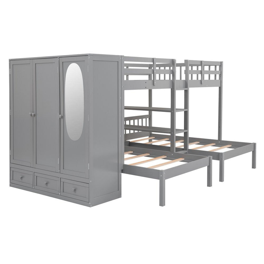 Gray Full Over Two Twins Wood Bunk Bed With Storage