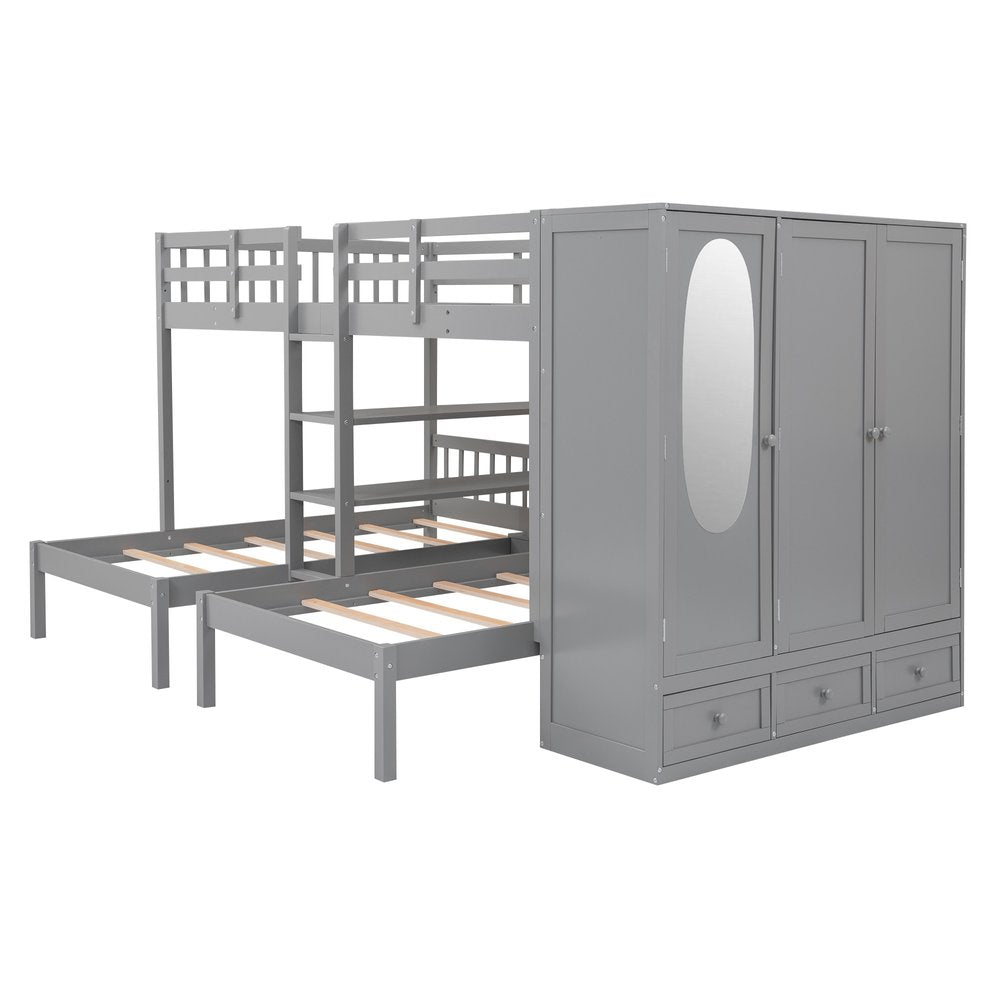 Gray Full Over Two Twins Wood Bunk Bed With Storage