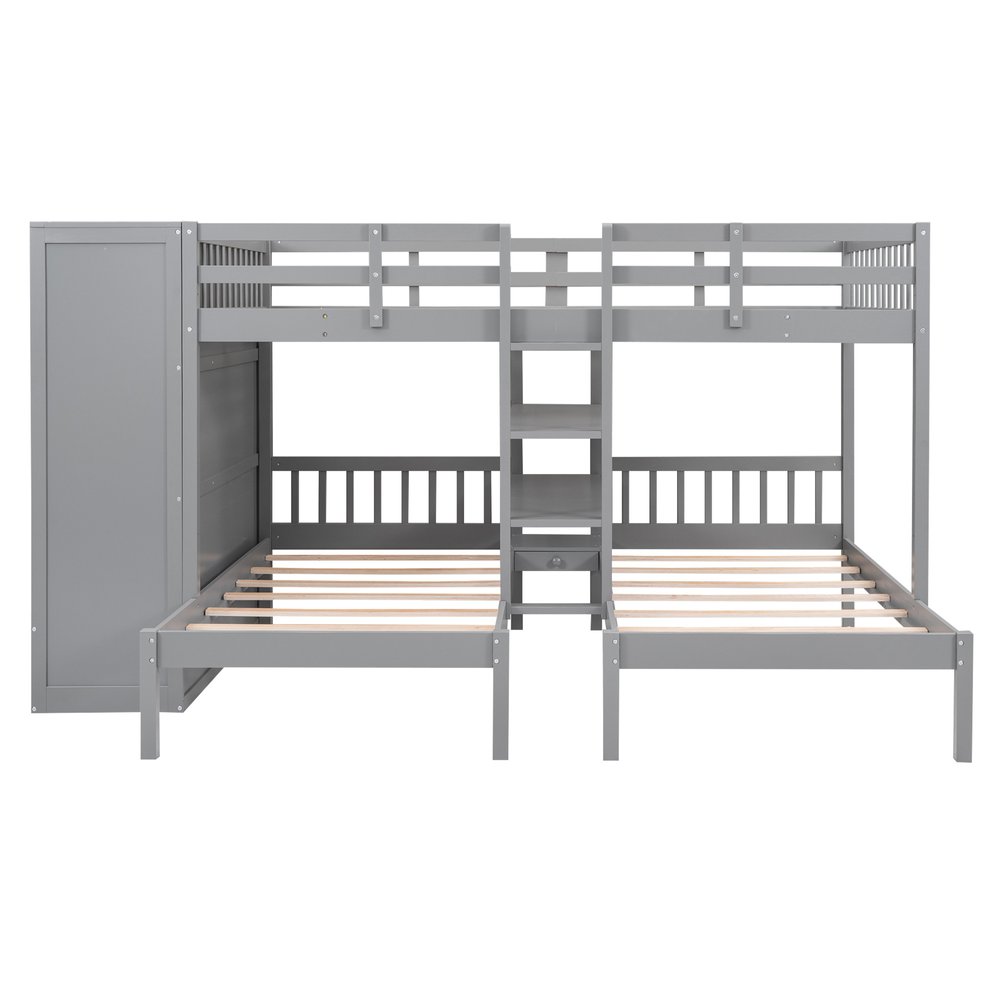 Gray Full Over Two Twins Wood Bunk Bed With Storage