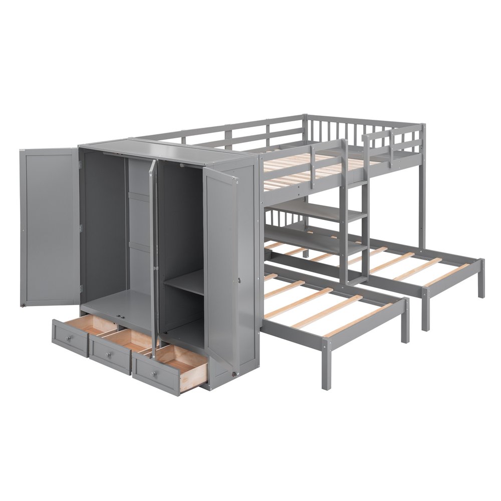 Gray Full Over Two Twins Wood Bunk Bed With Storage