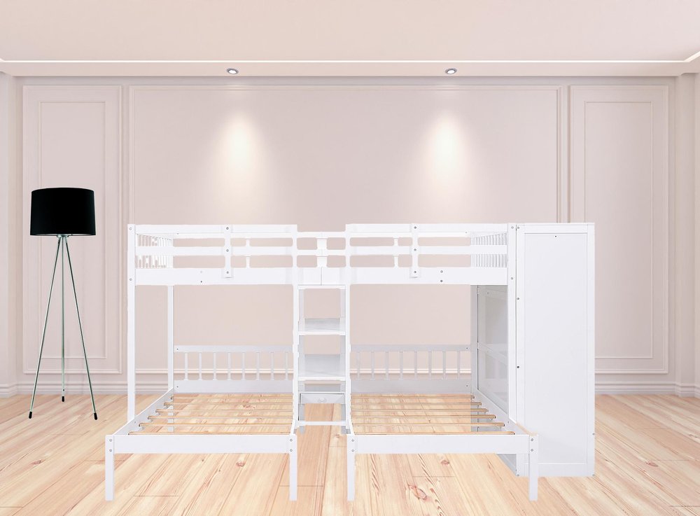 White Full Over Two Twins Wood Bunk Bed With Storage