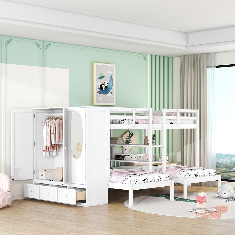White Full Over Two Twins Wood Bunk Bed With Storage