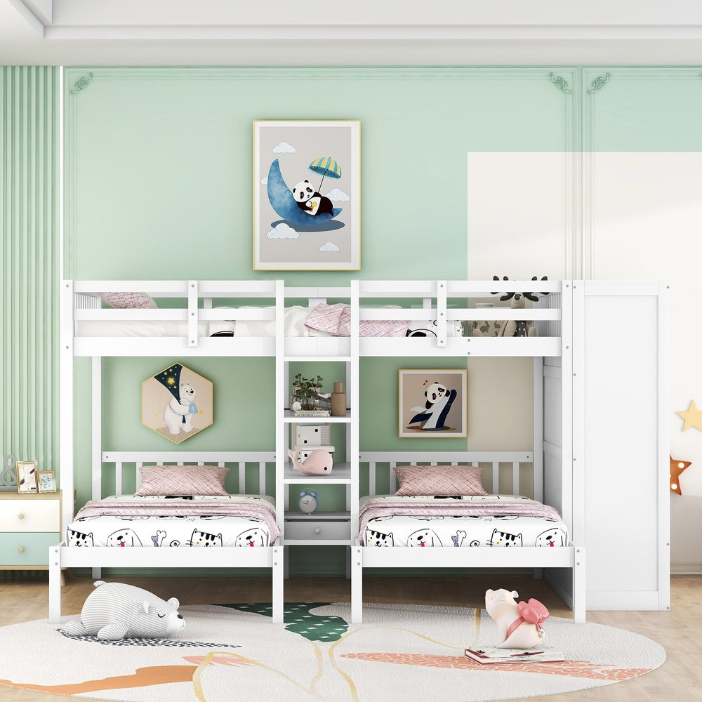 White Full Over Two Twins Wood Bunk Bed With Storage