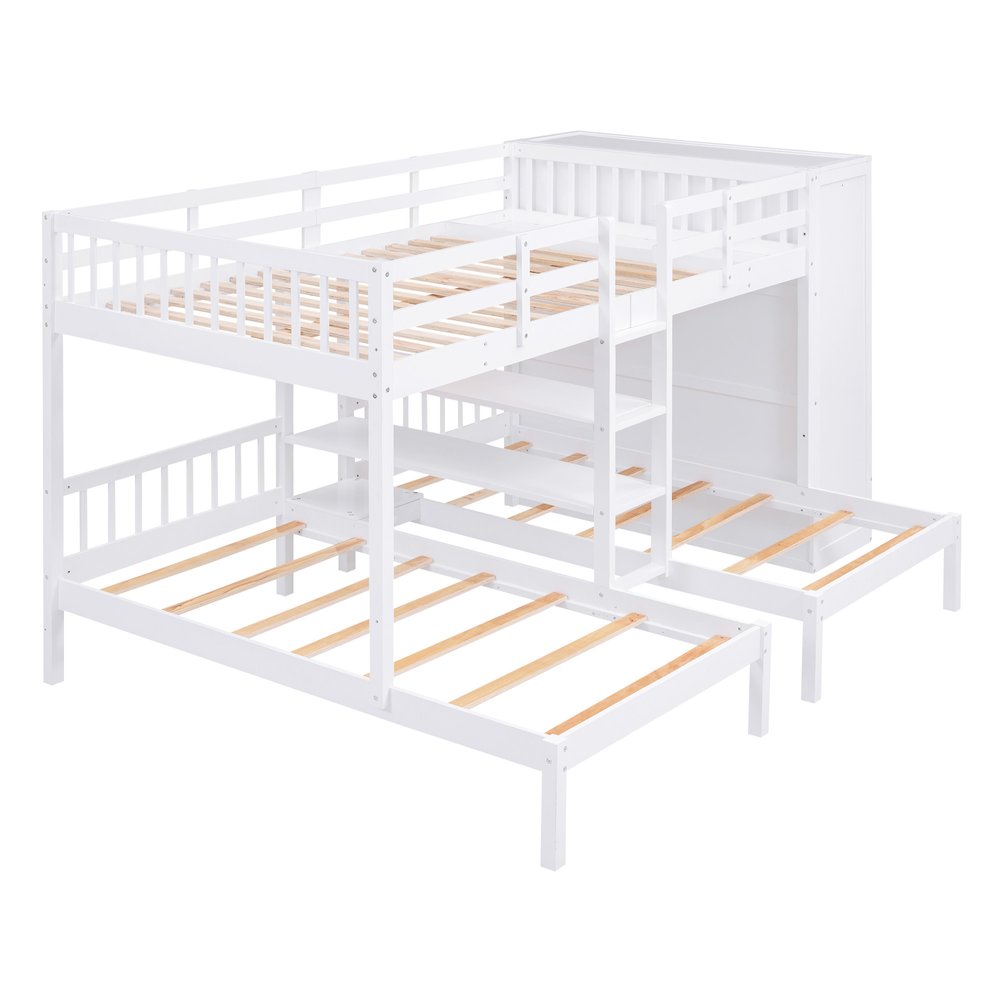 White Full Over Two Twins Wood Bunk Bed With Storage