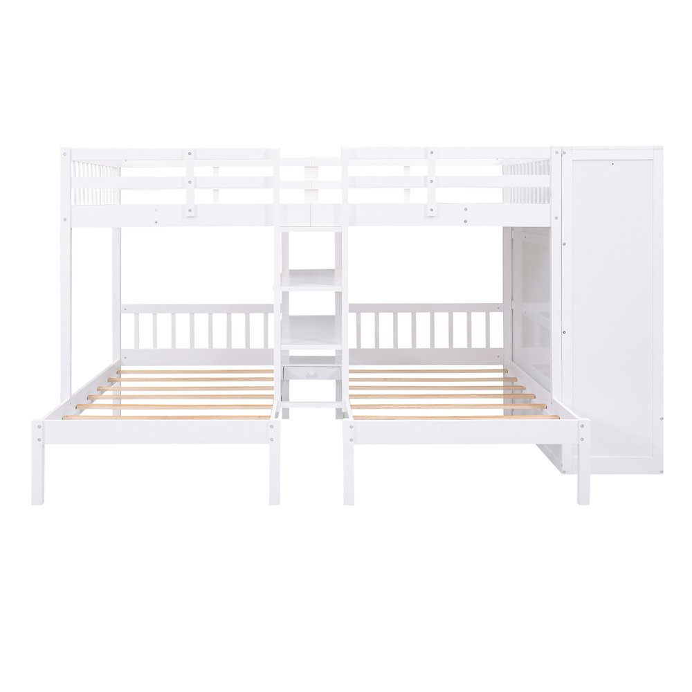 White Full Over Two Twins Wood Bunk Bed With Storage