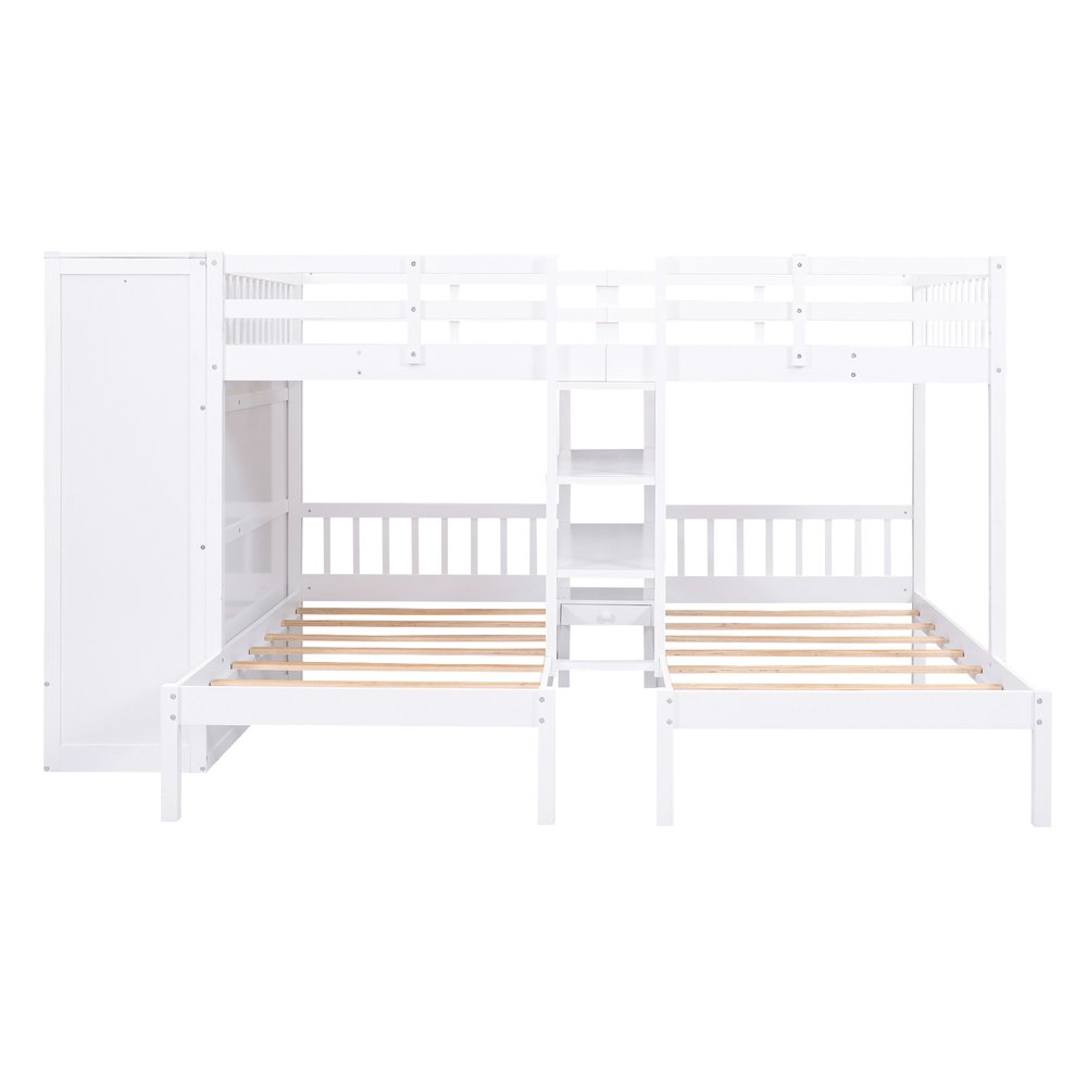 White Full Over Two Twins Wood Bunk Bed With Storage