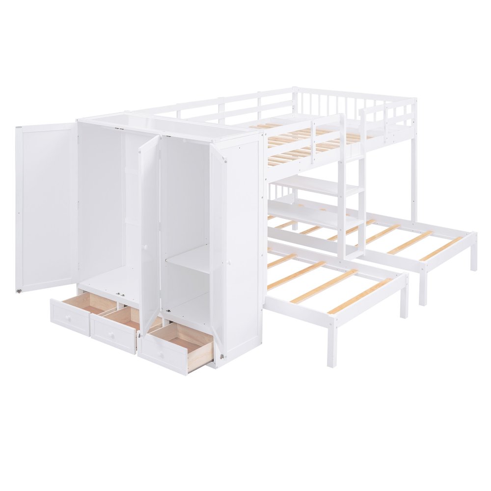 White Full Over Two Twins Wood Bunk Bed With Storage