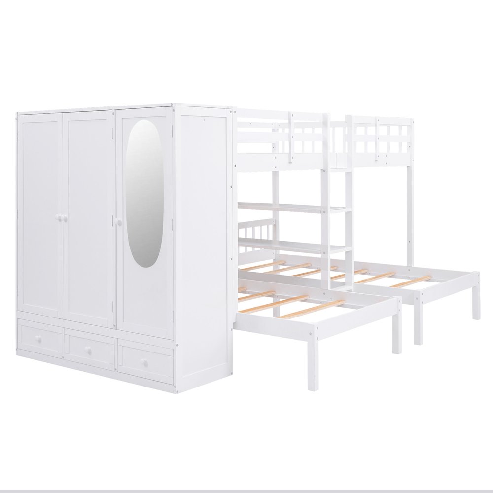 White Full Over Two Twins Wood Bunk Bed With Storage