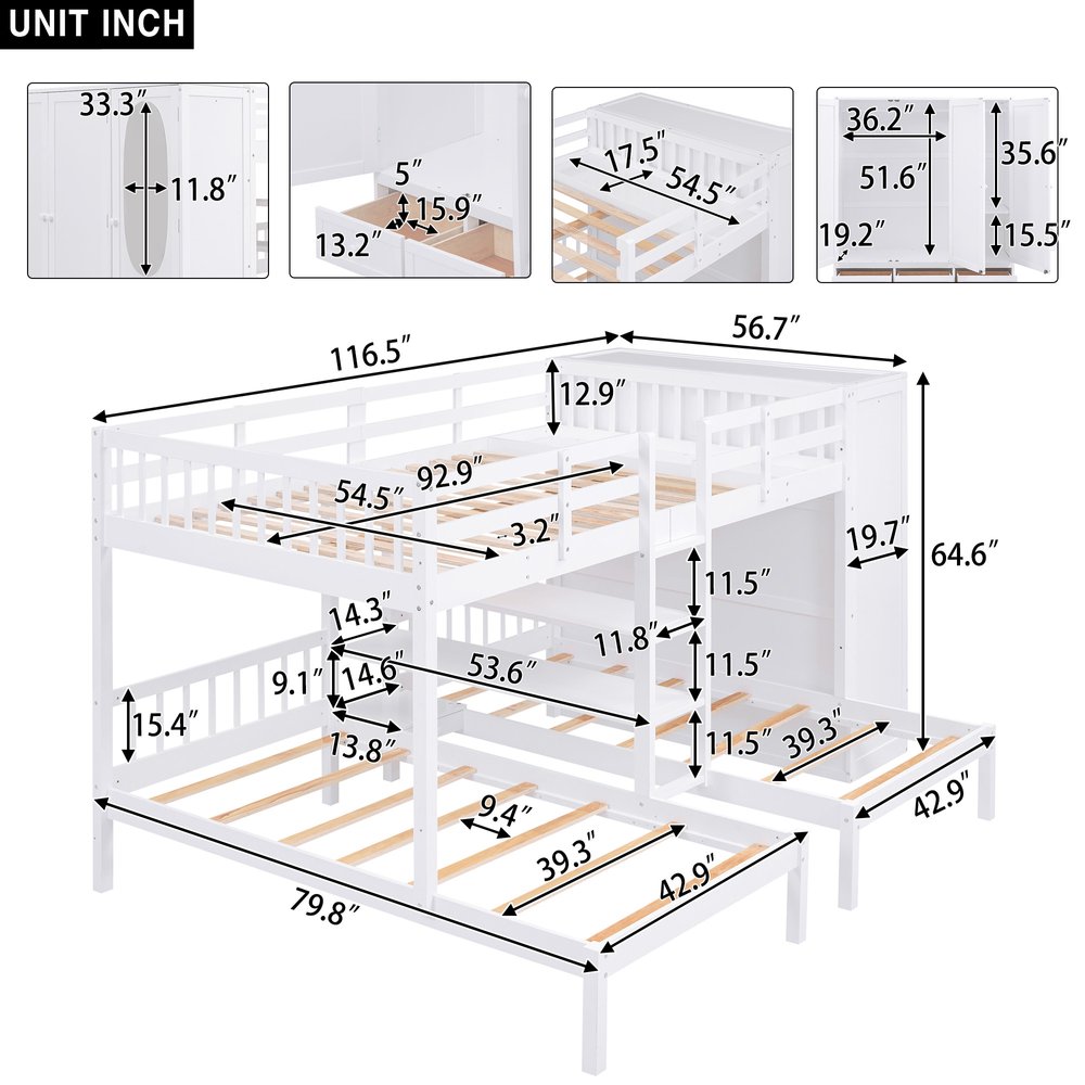 White Full Over Two Twins Wood Bunk Bed With Storage