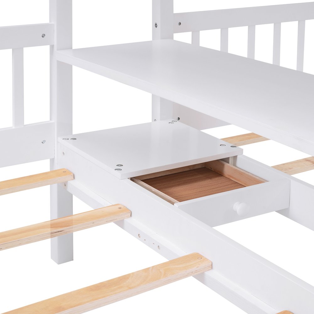 White Full Over Two Twins Wood Bunk Bed With Storage