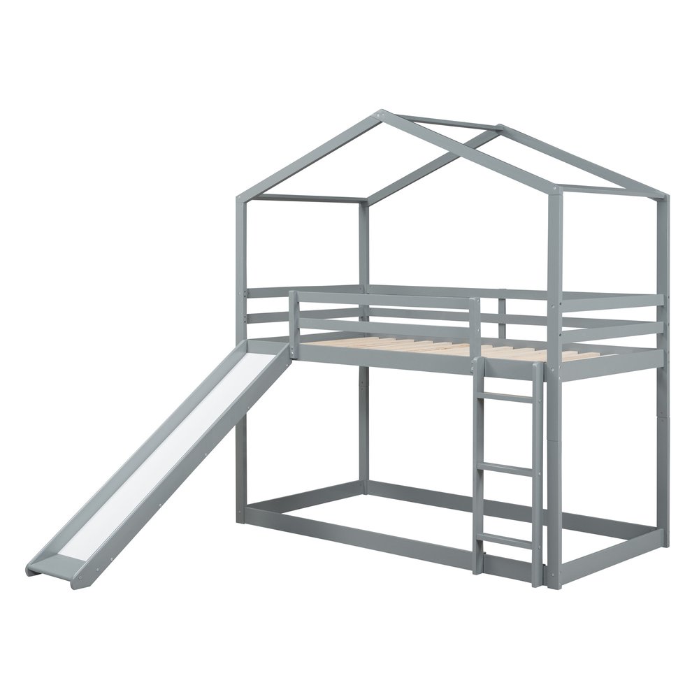 Gray Twin Over Twin Wood Bunk Bed With Slide