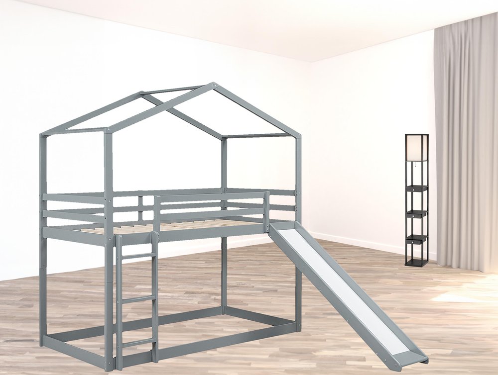 Gray Twin Over Twin Wood Bunk Bed With Slide