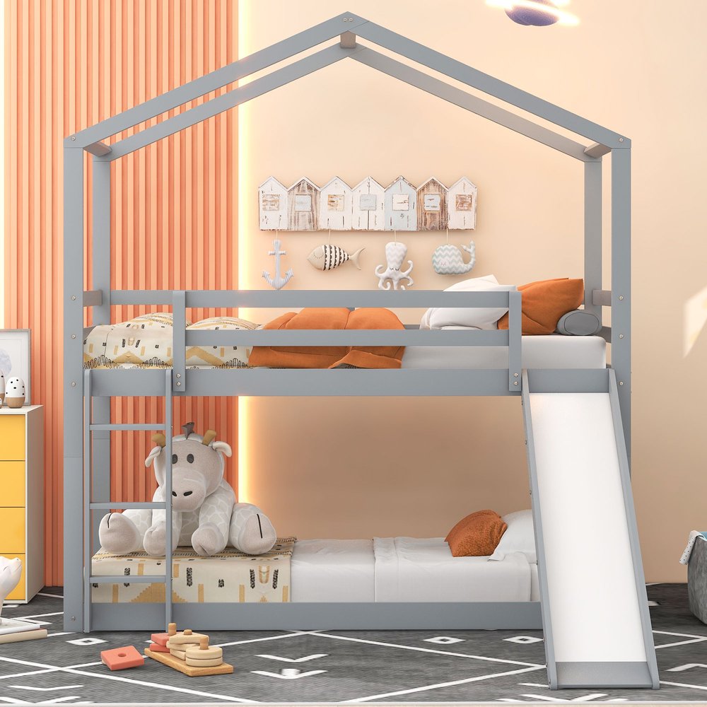 Gray Twin Over Twin Wood Bunk Bed With Slide