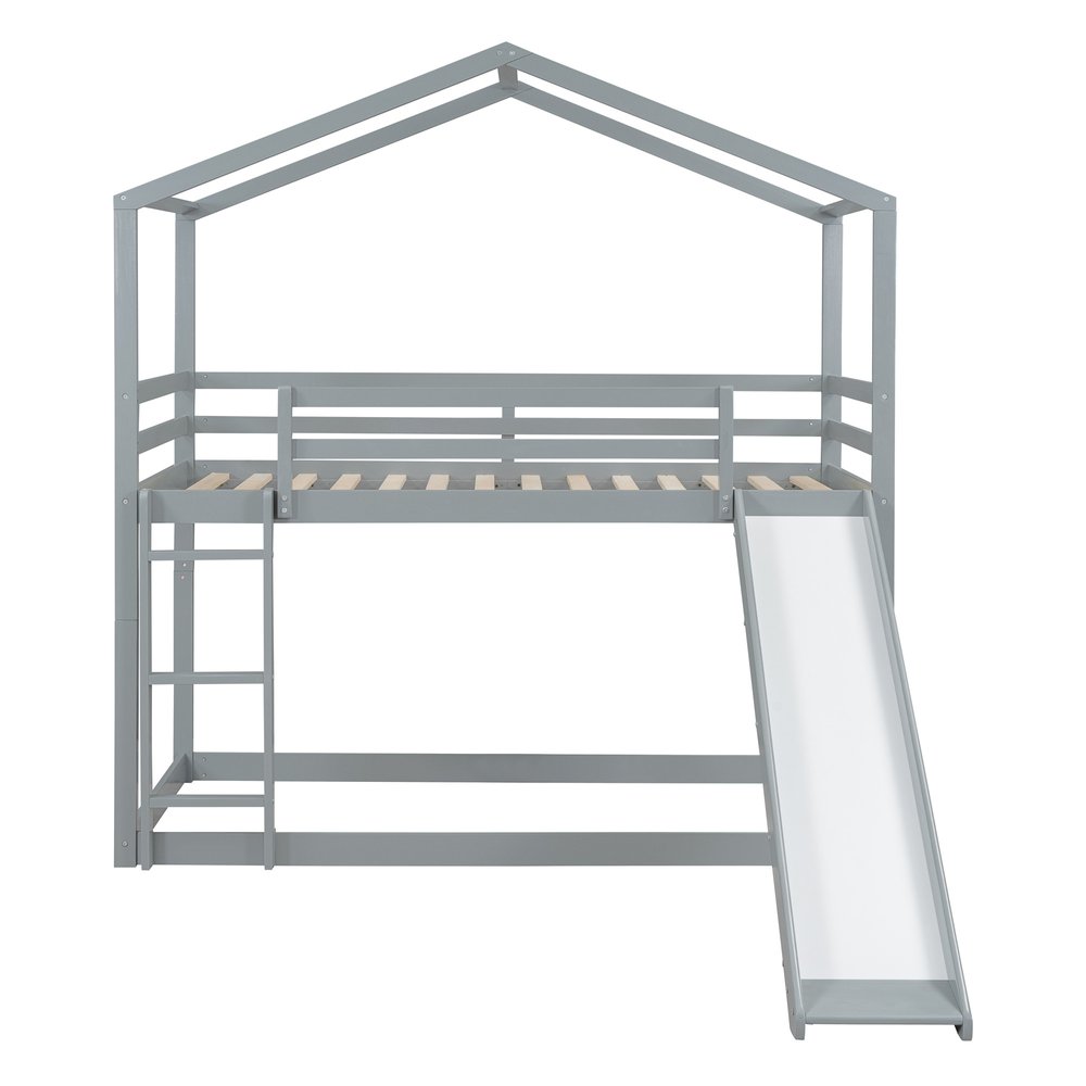 Gray Twin Over Twin Wood Bunk Bed With Slide
