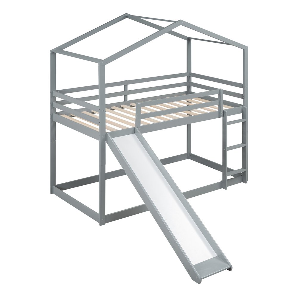 Gray Twin Over Twin Wood Bunk Bed With Slide
