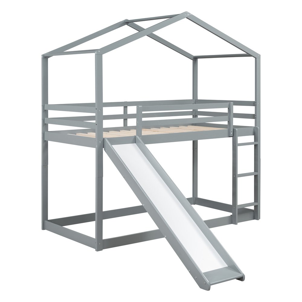 Gray Twin Over Twin Wood Bunk Bed With Slide
