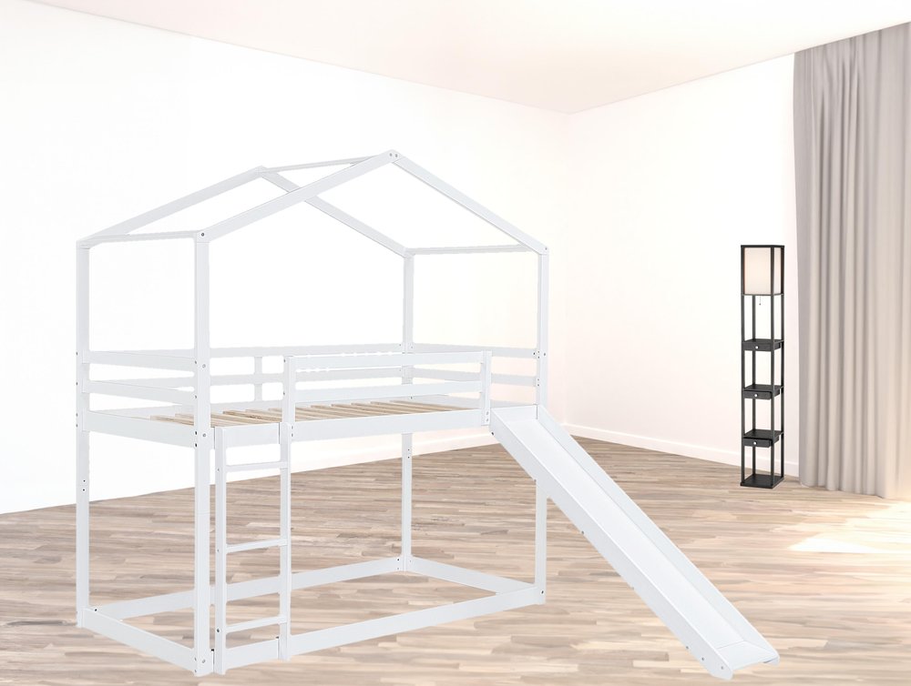 White Twin Over Twin Wood Bunk Bed With Slide