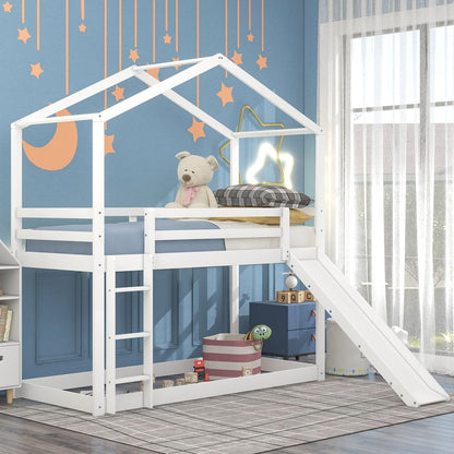 White Twin Over Twin Wood Bunk Bed With Slide