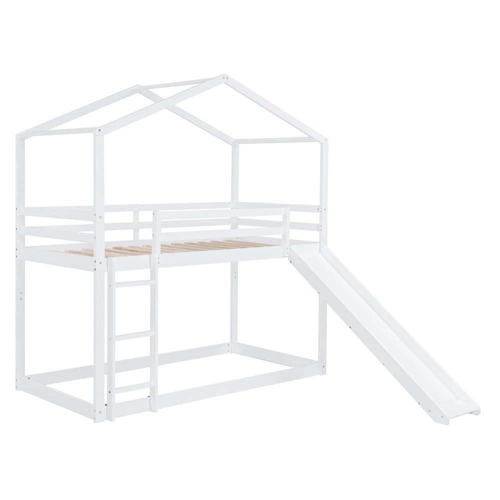 White Twin Over Twin Wood Bunk Bed With Slide