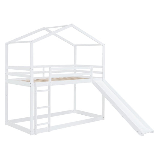 White Twin Over Twin Wood Bunk Bed With Slide