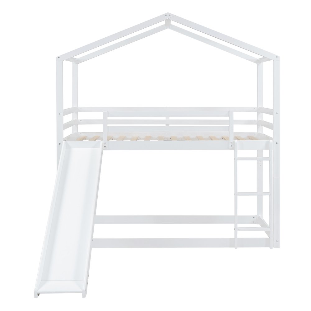 White Twin Over Twin Wood Bunk Bed With Slide