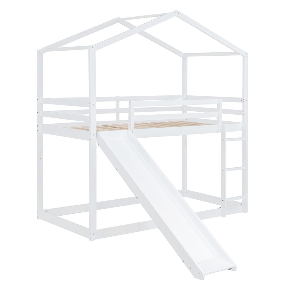 White Twin Over Twin Wood Bunk Bed With Slide