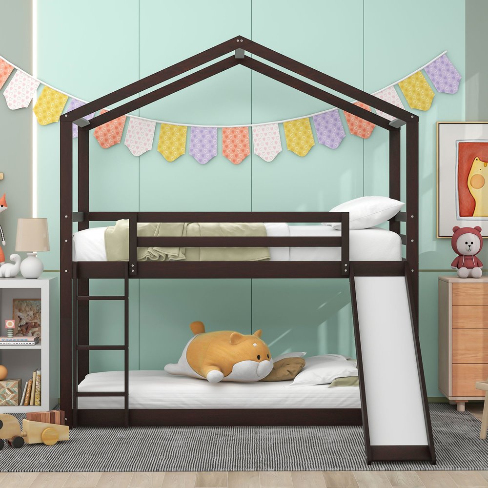 Espresso Twin Over Twin Wood Bunk Bed With Slide