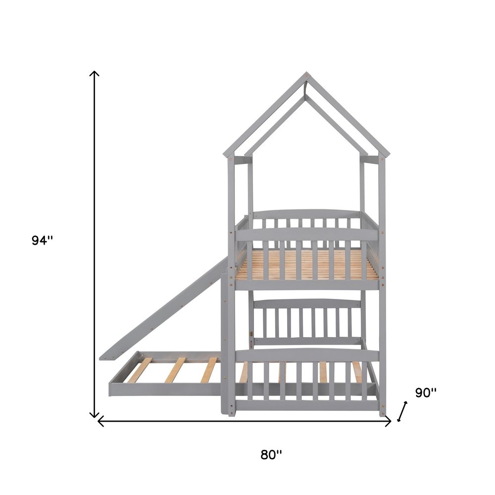 Gray Twin Over Twin Dollhouse Wood Bunk Bed With Slide