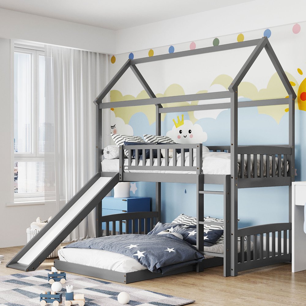 Gray Twin Over Twin Dollhouse Wood Bunk Bed With Slide