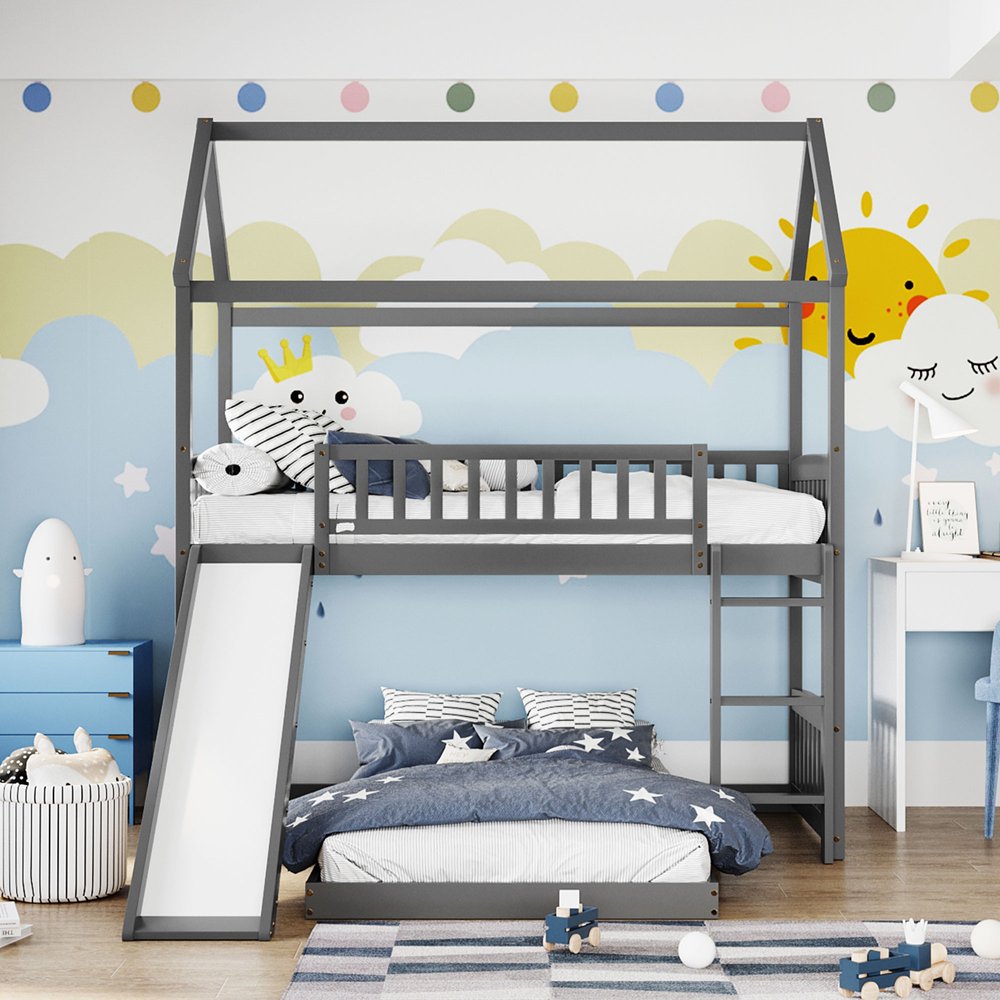 Gray Twin Over Twin Dollhouse Wood Bunk Bed With Slide
