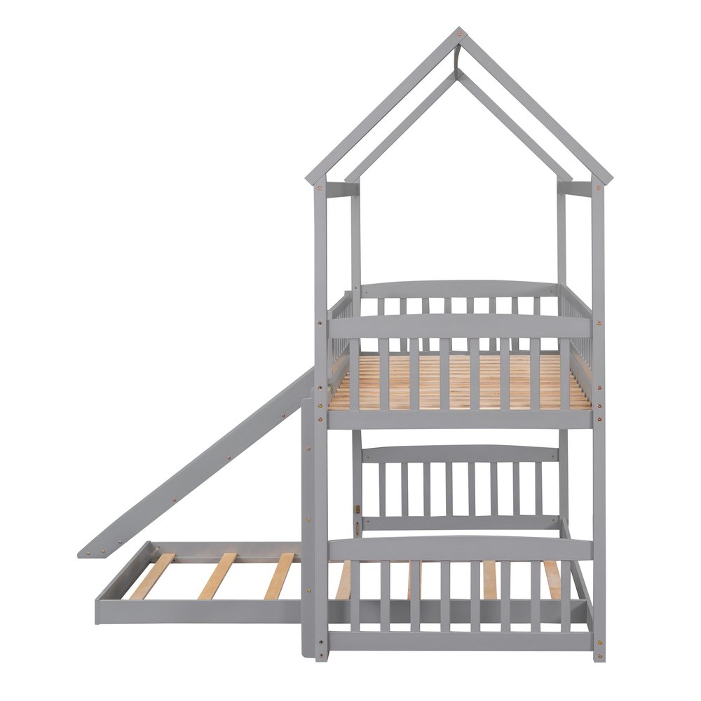 Gray Twin Over Twin Dollhouse Wood Bunk Bed With Slide