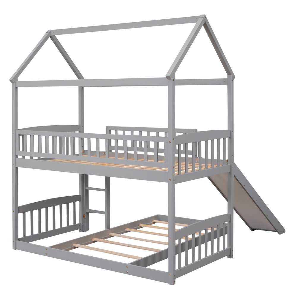 Gray Twin Over Twin Dollhouse Wood Bunk Bed With Slide