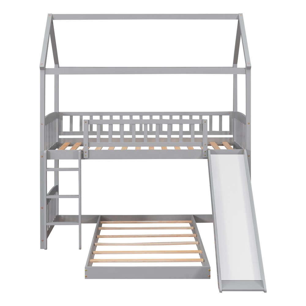 Gray Twin Over Twin Dollhouse Wood Bunk Bed With Slide