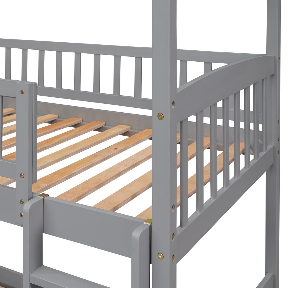 Gray Twin Over Twin Dollhouse Wood Bunk Bed With Slide