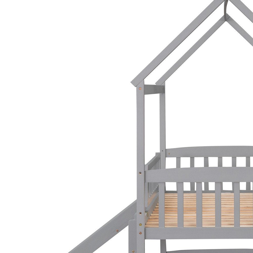 Gray Twin Over Twin Dollhouse Wood Bunk Bed With Slide