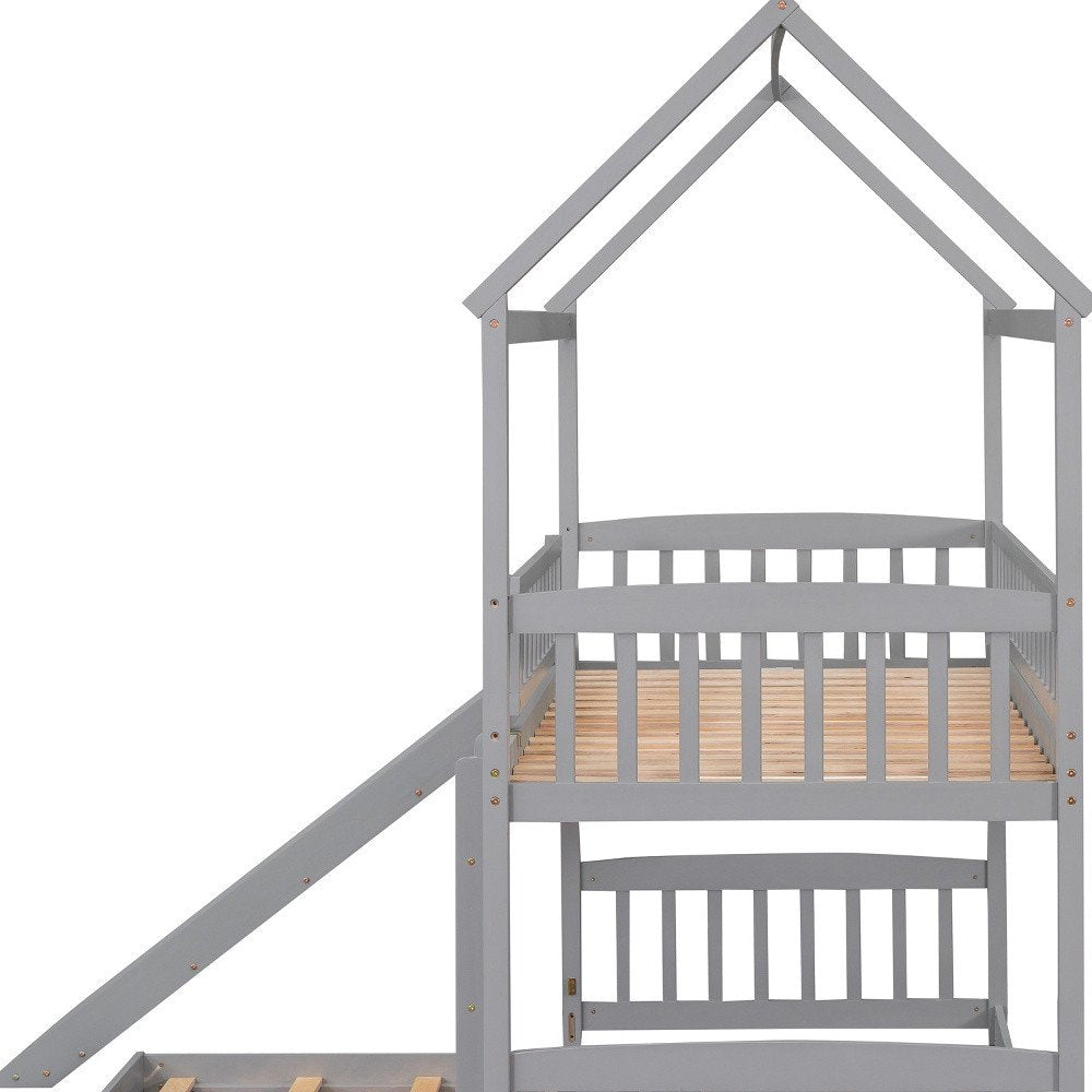 Gray Twin Over Twin Dollhouse Wood Bunk Bed With Slide