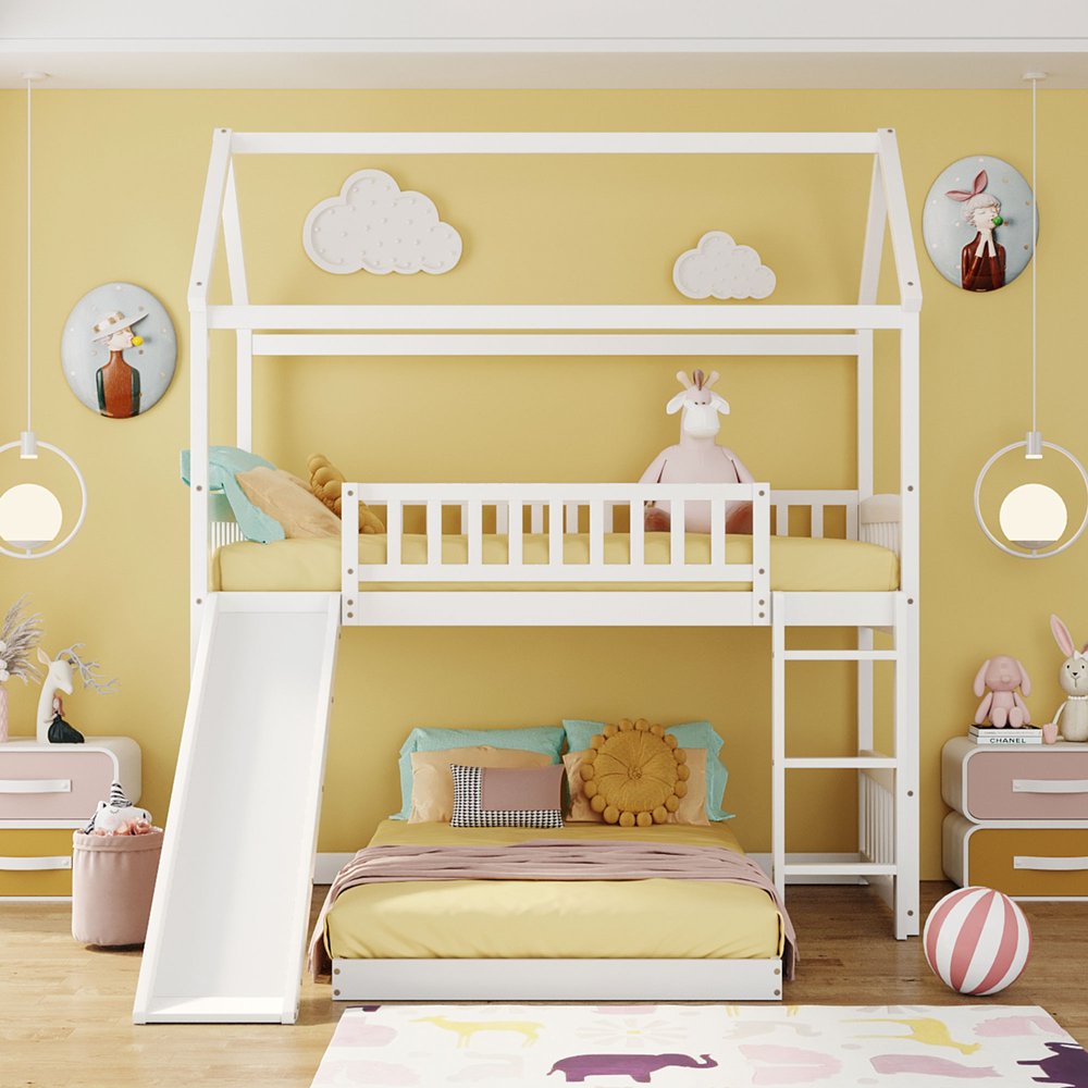 White Twin Over Twin Dollhouse Wood Bunk Bed With Slide