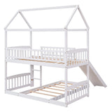 White Twin Over Twin Dollhouse Wood Bunk Bed With Slide
