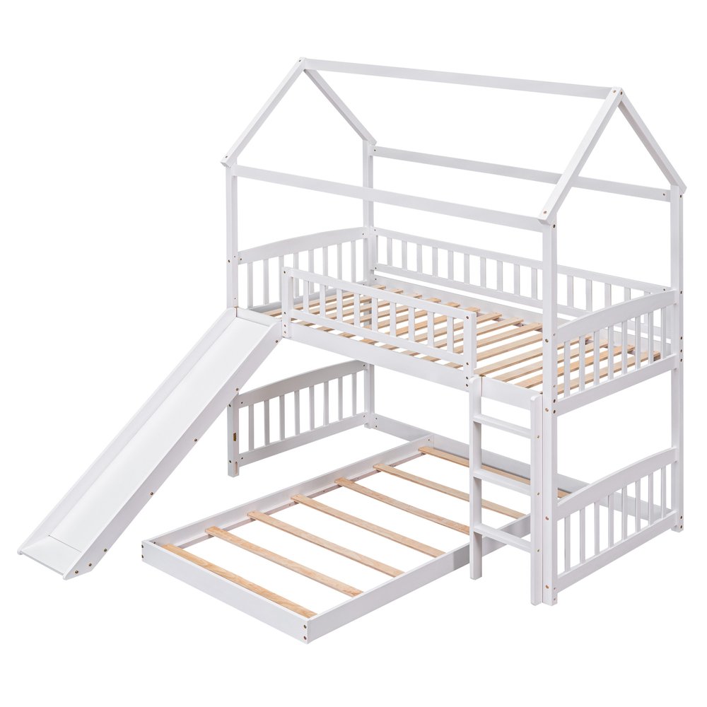 White Twin Over Twin Dollhouse Wood Bunk Bed With Slide