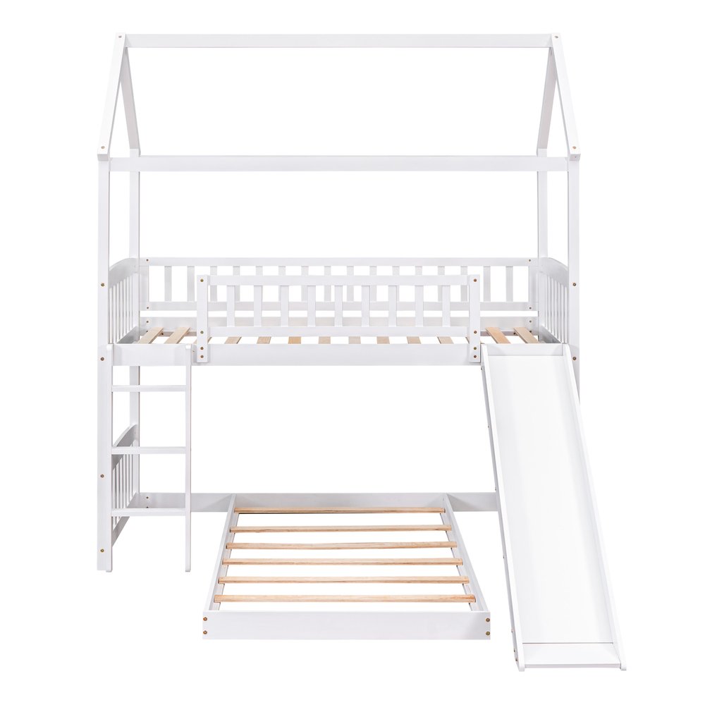 White Twin Over Twin Dollhouse Wood Bunk Bed With Slide