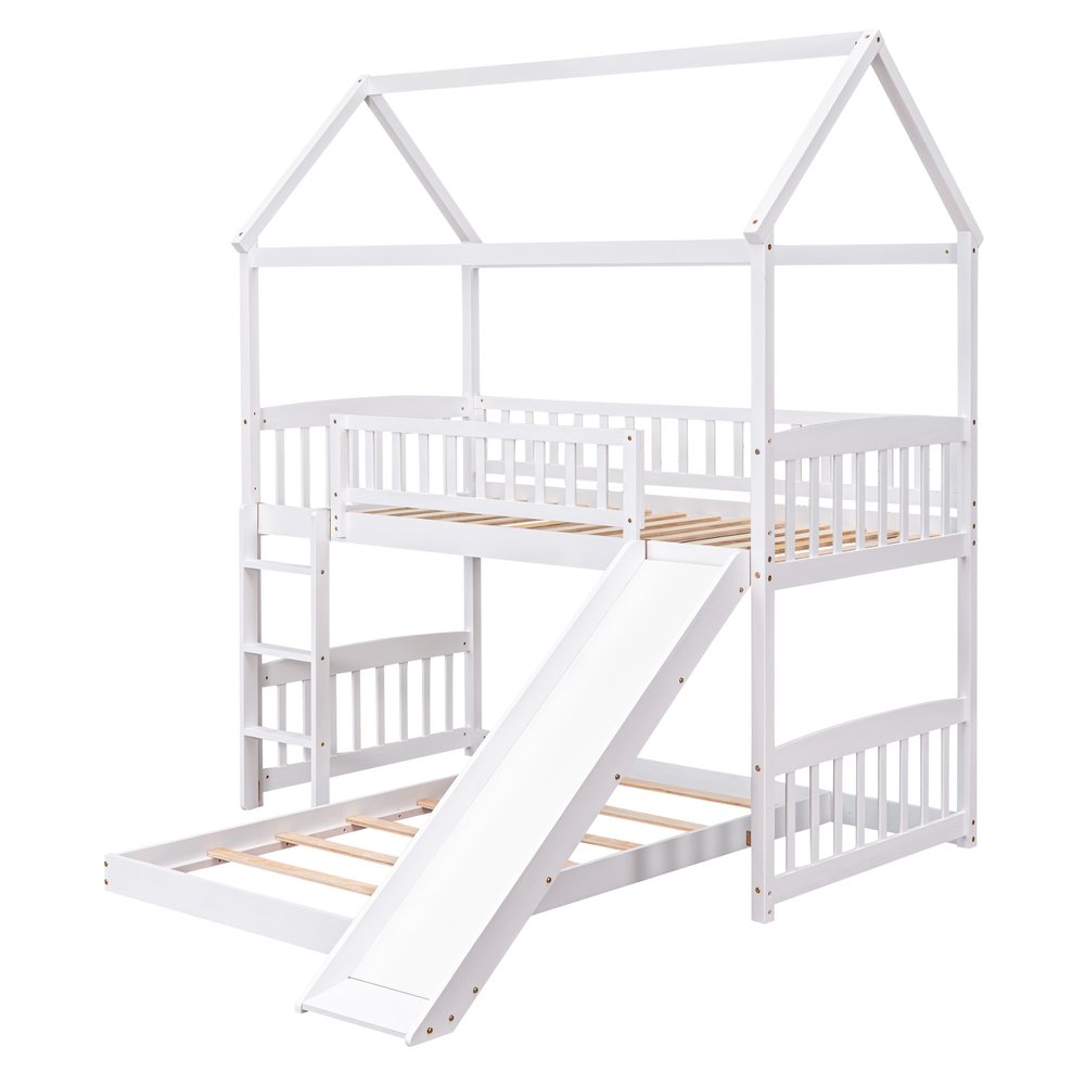 White Twin Over Twin Dollhouse Wood Bunk Bed With Slide
