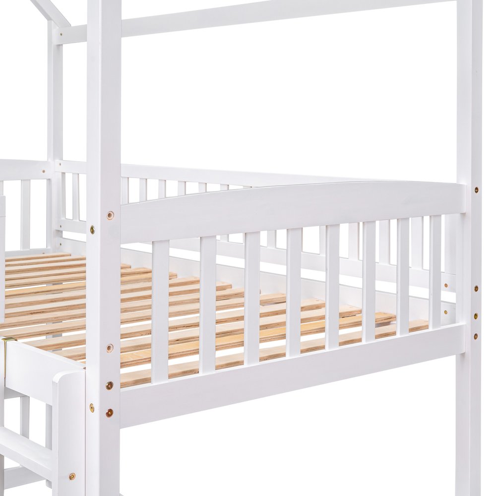 White Twin Over Twin Dollhouse Wood Bunk Bed With Slide