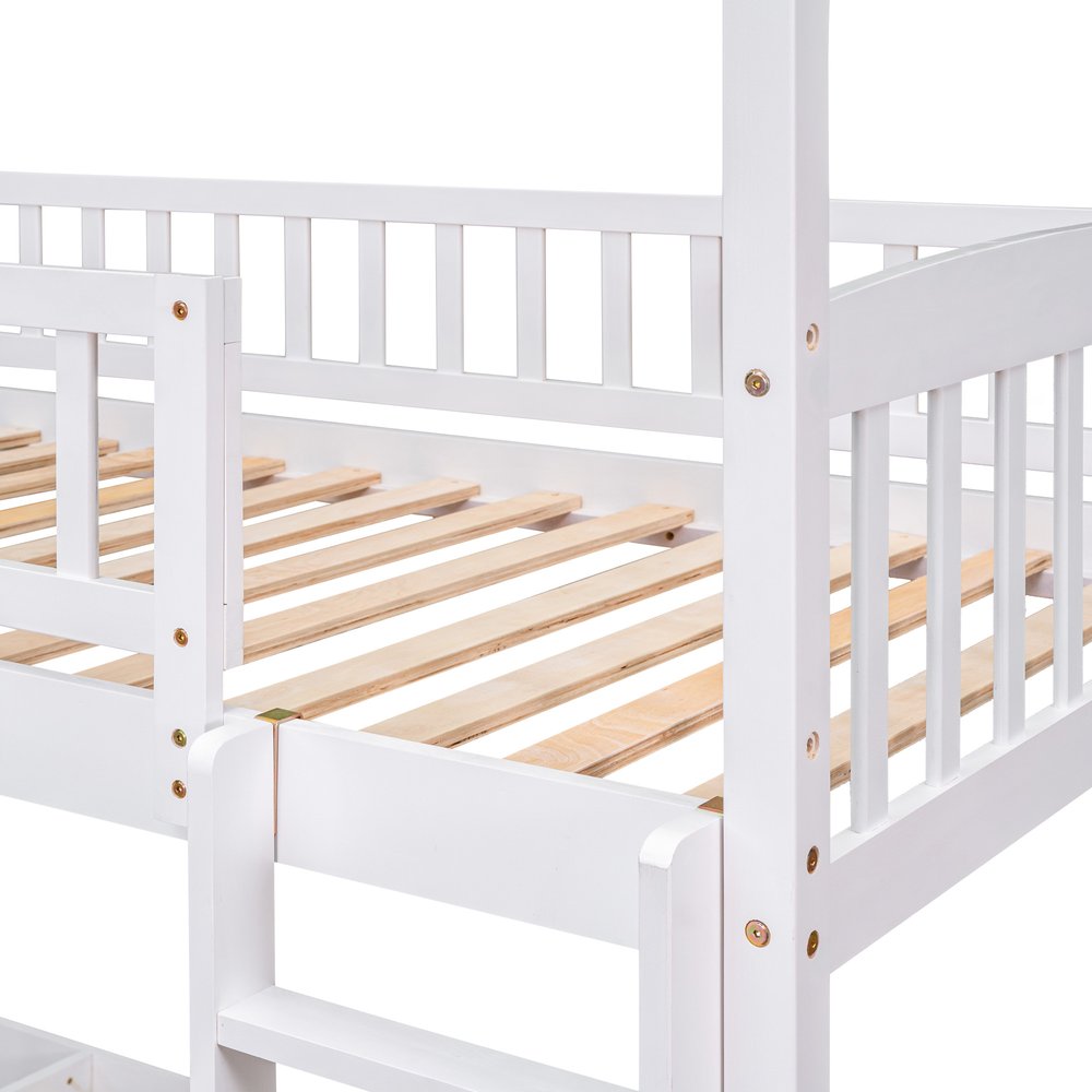 White Twin Over Twin Dollhouse Wood Bunk Bed With Slide