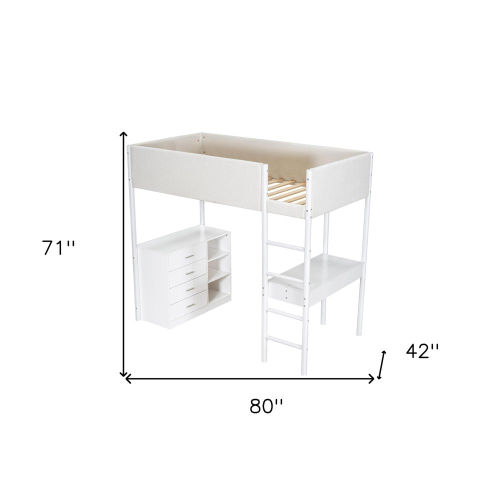 White Platform Wood Twin Loft Bed with Desk