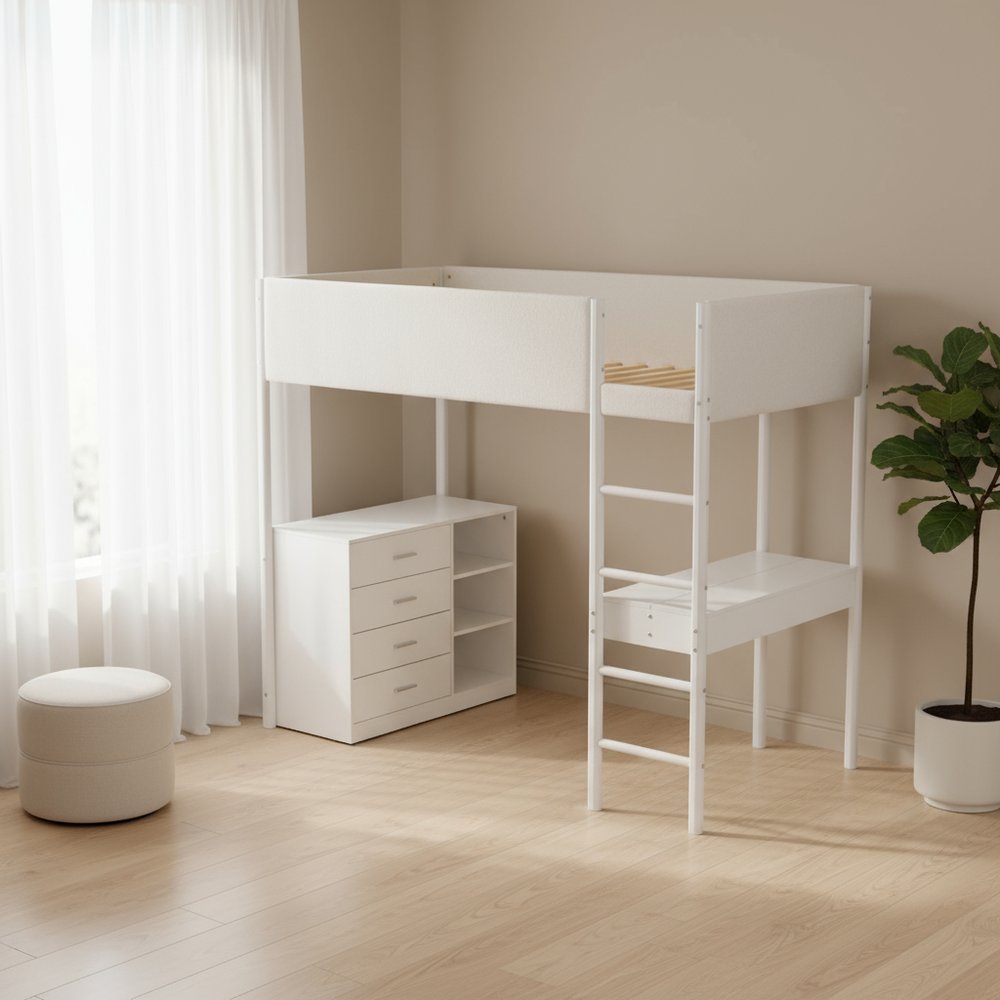 White Platform Wood Twin Loft Bed with Desk