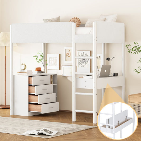 White Platform Wood Twin Loft Bed with Desk