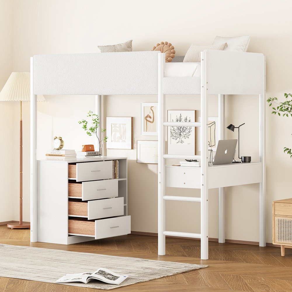 White Platform Wood Twin Loft Bed with Desk