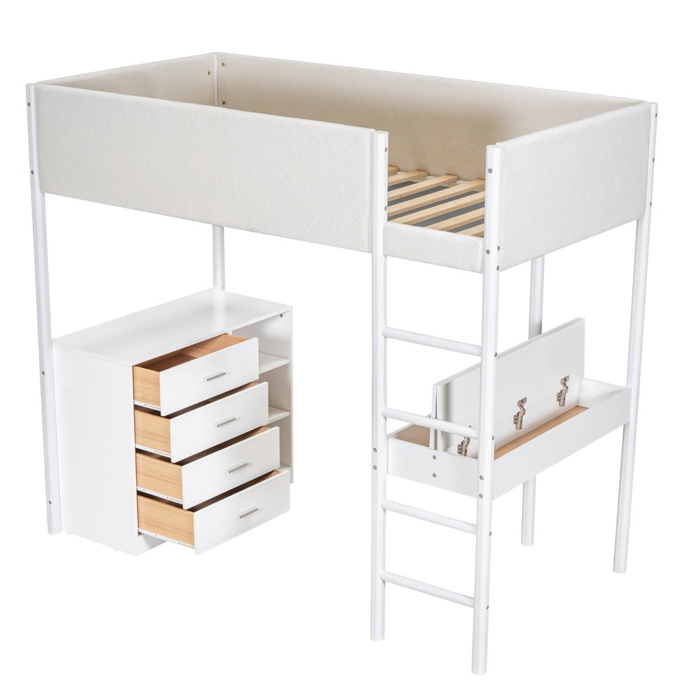 White Platform Wood Twin Loft Bed with Desk