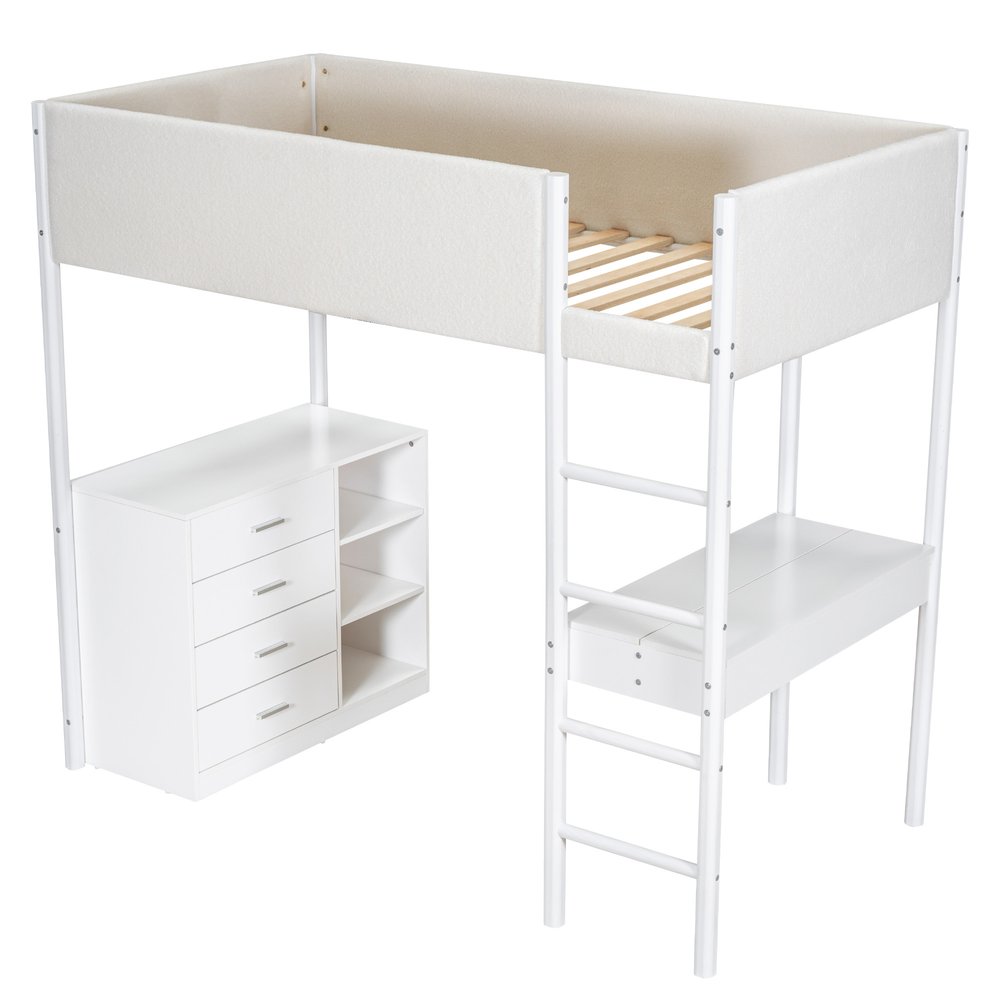 White Platform Wood Twin Loft Bed with Desk