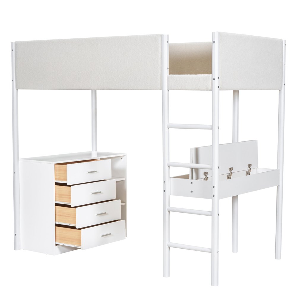 White Platform Wood Twin Loft Bed with Desk